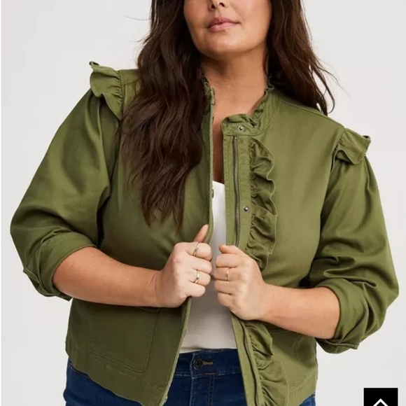 Torrid Olive Ruffle Trim Utility Jacket - Picture 2 of 2